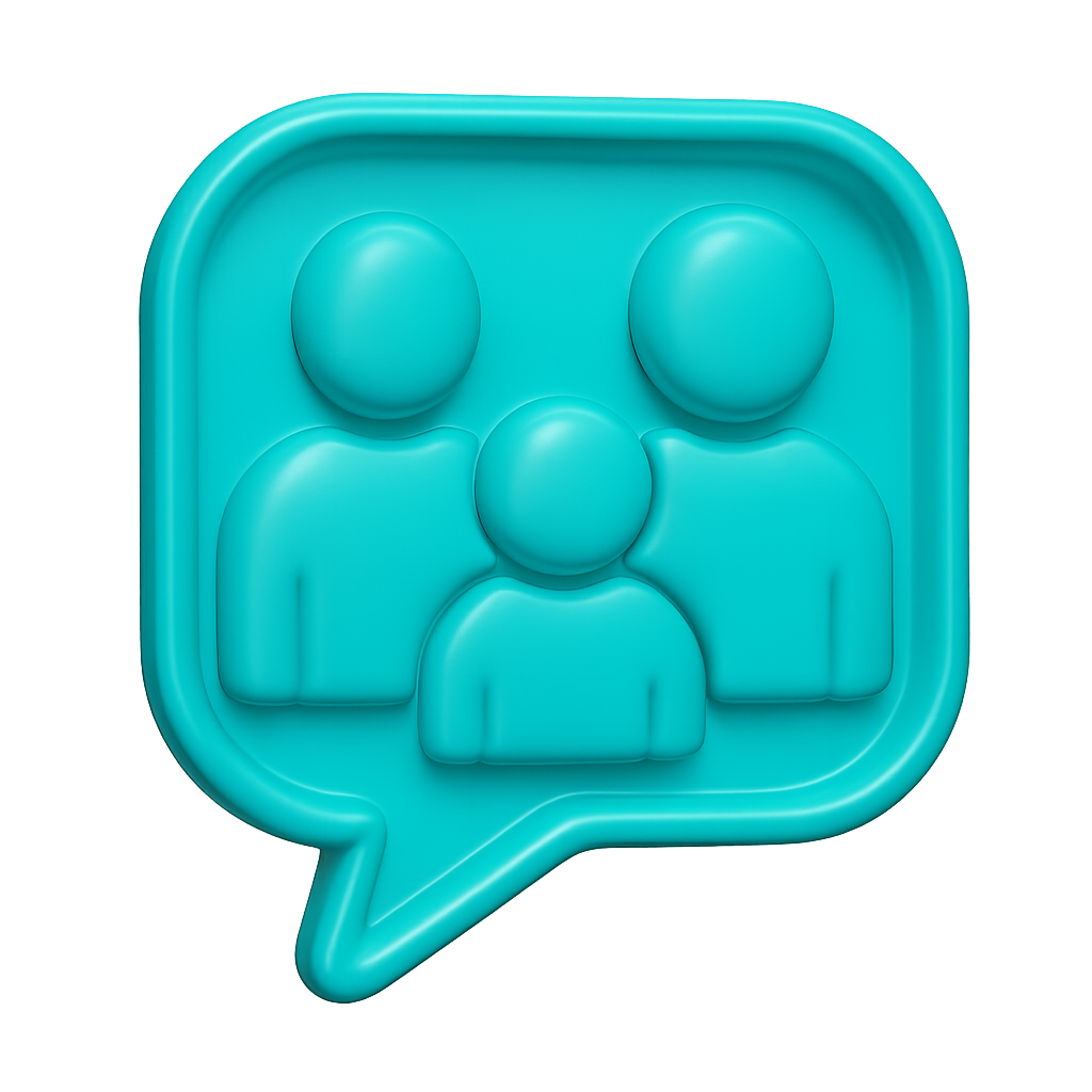 Icono 3D en color #10B2A9 que representa interacción personalizada entre escuela y padres de familia dentro de un chat